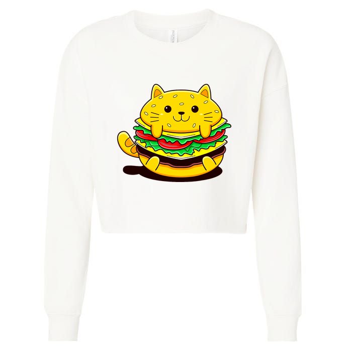 Cute Cat Hamburger Cropped Pullover Crew