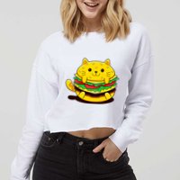 Cute Cat Hamburger Cropped Pullover Crew
