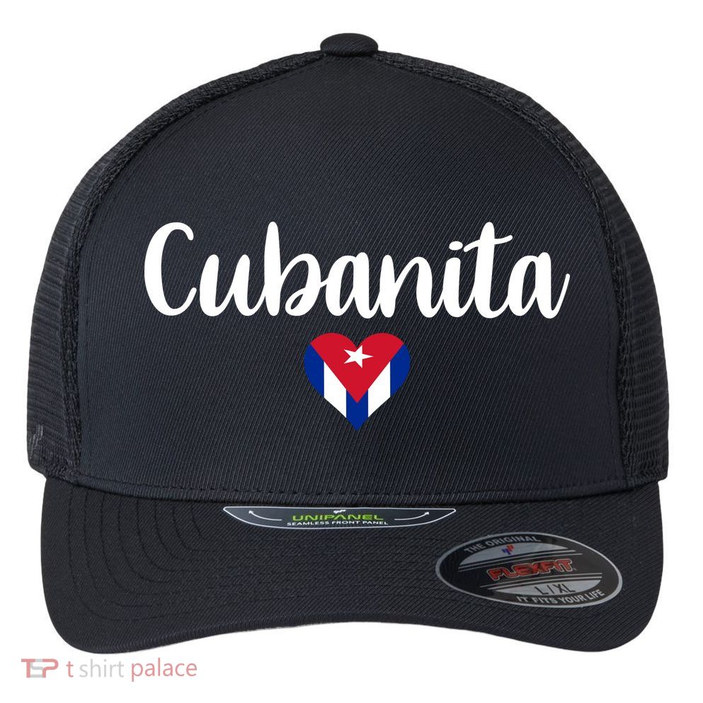 Cubanita Cuban Heart Cuba Flag Flexfit Unipanel Trucker Cap