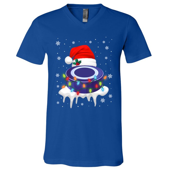 Cute Christmas Hockey Santa Hat Xmas Light Cool Gift V-Neck T-Shirt