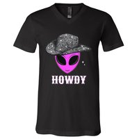 Cool Cowboy Hat Alien Howdy Space Western Disco Theme V-Neck T-Shirt