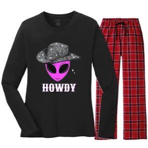 Cool Cowboy Hat Alien Howdy Space Western Disco Theme Women's Long Sleeve Flannel Pajama Set 