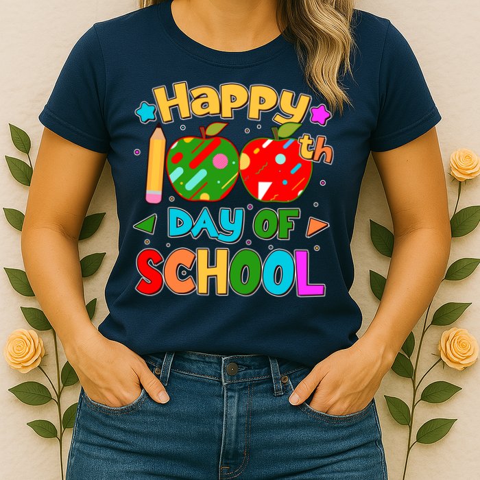 Cute Colorful Happy 100th Day Of School Womens T-Shirt