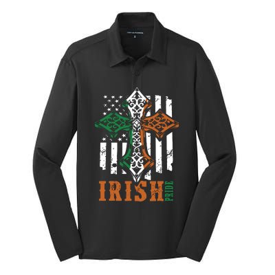 Celtic Cross Irish Pride Celtic Cross St Patrick's Day Flag American Silk Touch Performance Long Sleeve Polo