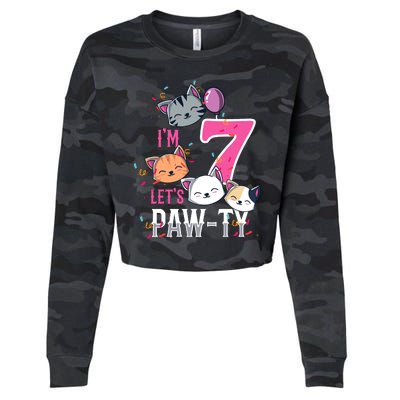 Cute Cats IM 7 Years Old Girl Birthday Party Cropped Pullover Crew