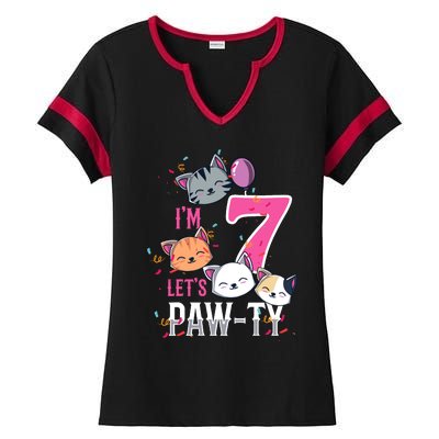 Cute Cats IM 7 Years Old Girl Birthday Party Ladies Halftime Notch Neck Tee