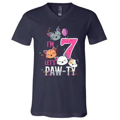 Cute Cats IM 7 Years Old Girl Birthday Party V-Neck T-Shirt