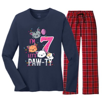 Cute Cats IM 7 Years Old Girl Birthday Party Women's Long Sleeve Flannel Pajama Set 