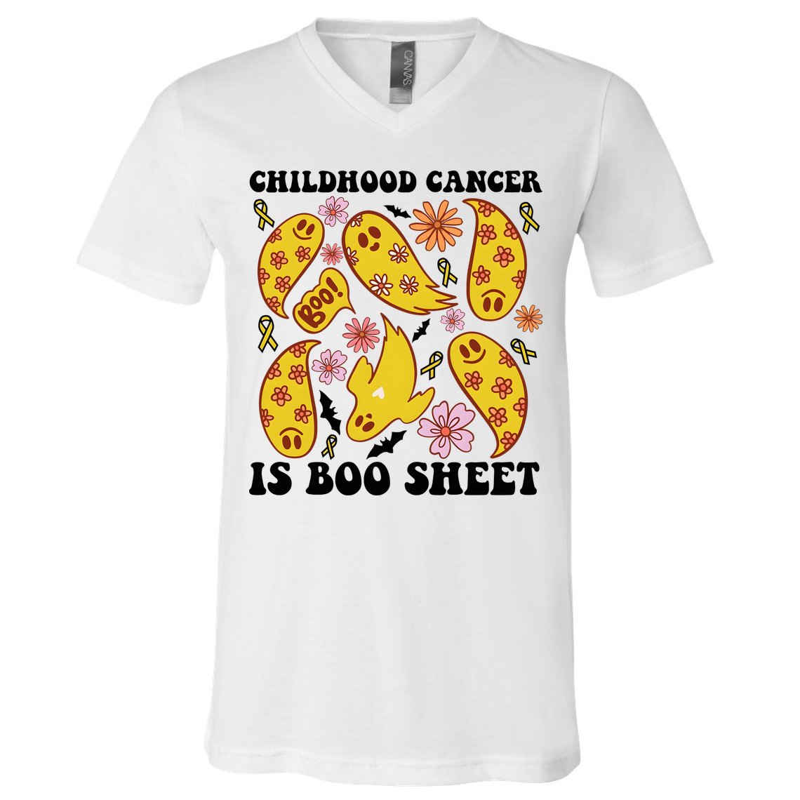 Childhood Cancer Is Boo Sheet Cancer Awareness Month Halloween V-Neck T-Shirt