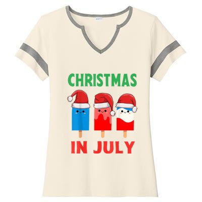 Cute Christmas In July Ice Pops In Santa Hat Ladies Halftime Notch Neck Tee