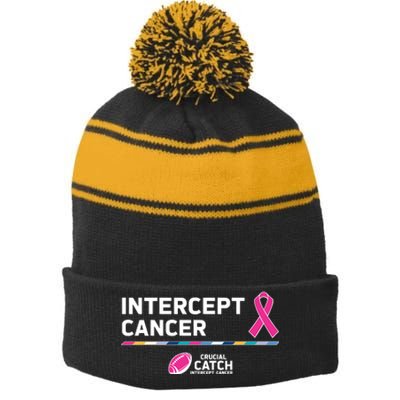 Crucial Catch Intercept Cancer Breast Cancer Awareness Stripe Pom Pom Beanie