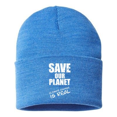 Climate Change Is Real Meaningful Gift Save Our Planet Awareness Vintage Cool Gi Sustainable Knit Beanie