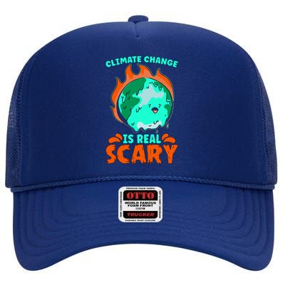 Climate Change Is Real Scary Loves Earth Day Climate Change Gift High Crown Mesh Back Trucker Hat