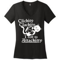 Clickity Clackity I Roll To Attackkitty Clickity Clackity Game Dice Women's V-Neck T-Shirt