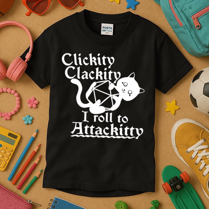Clickity Clackity I Roll To Attackkitty Clickity Clackity Game Dice Kids T-Shirt