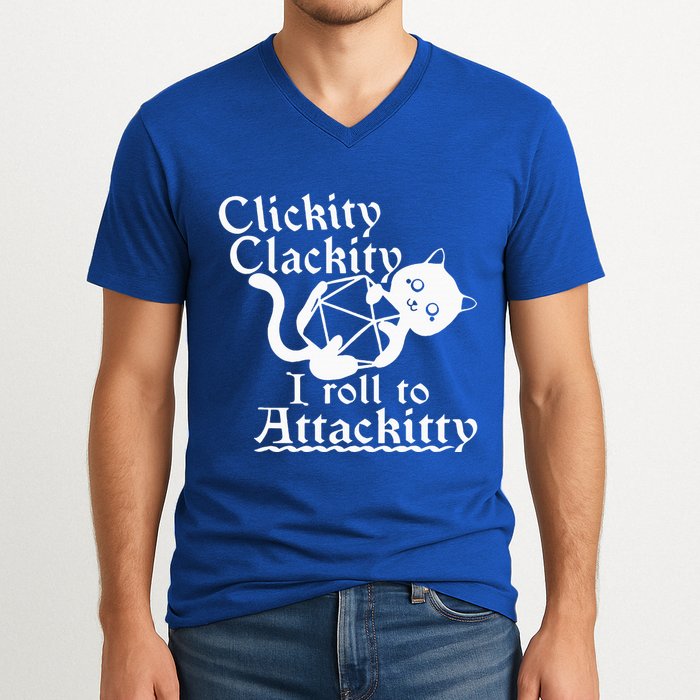 Clickity Clackity I Roll To Attackity Game Dice Attackitty V-Neck T-Shirt