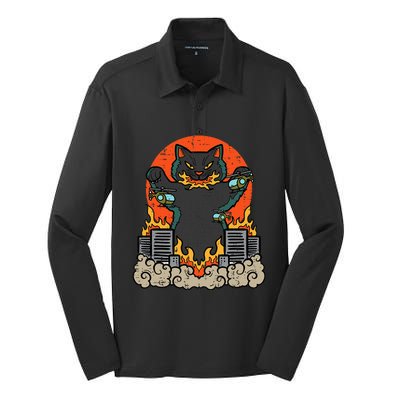 Catzilla Cat Japanese Monster Movie Parody Silk Touch Performance Long Sleeve Polo