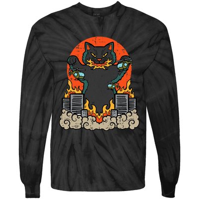 Catzilla Cat Japanese Monster Movie Parody Tie-Dye Long Sleeve Shirt