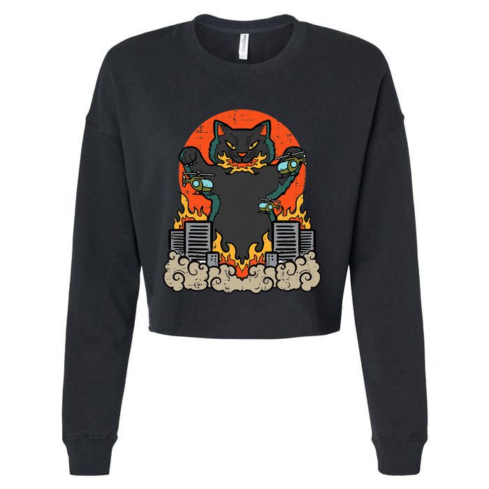 Catzilla Cat Japanese Monster Movie Parody Cropped Pullover Crew