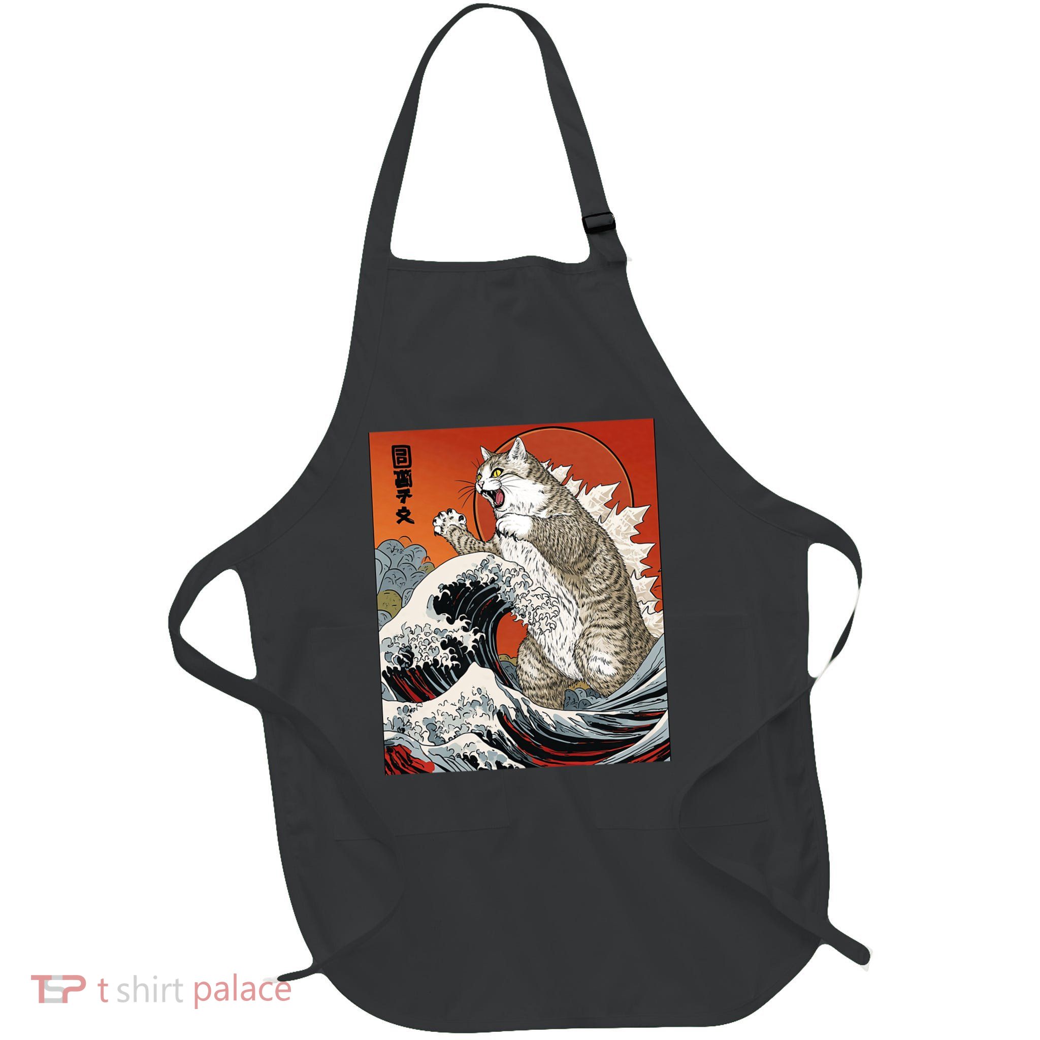 Catzilla Cat Japanese Art Funny Cat Full-Length Apron With Pockets