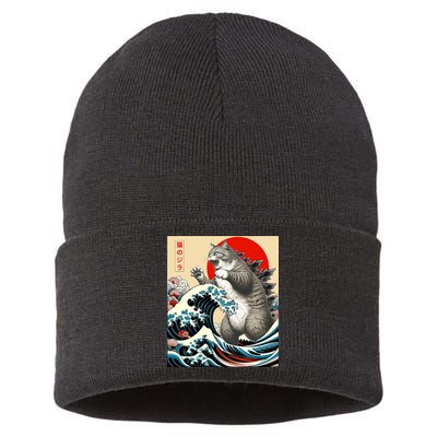 Catzilla Cat Japanese Art Funny Cat Gifts Sustainable Knit Beanie