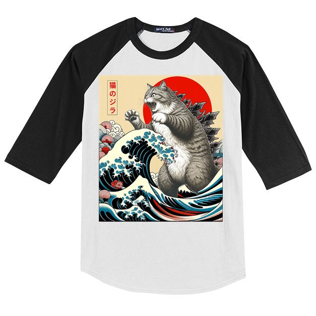 Catzilla Cat Japanese Art Funny Cat Gifts Kids Colorblock Raglan Jersey