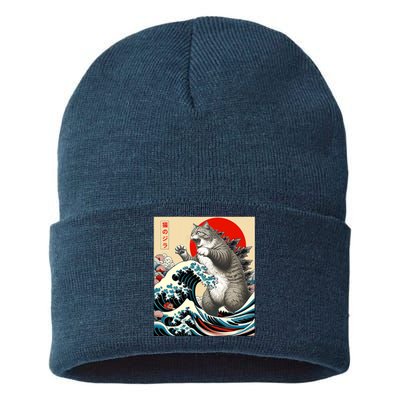 Catzilla Cat Japanese Art Funny Cat Gifts Sustainable Knit Beanie