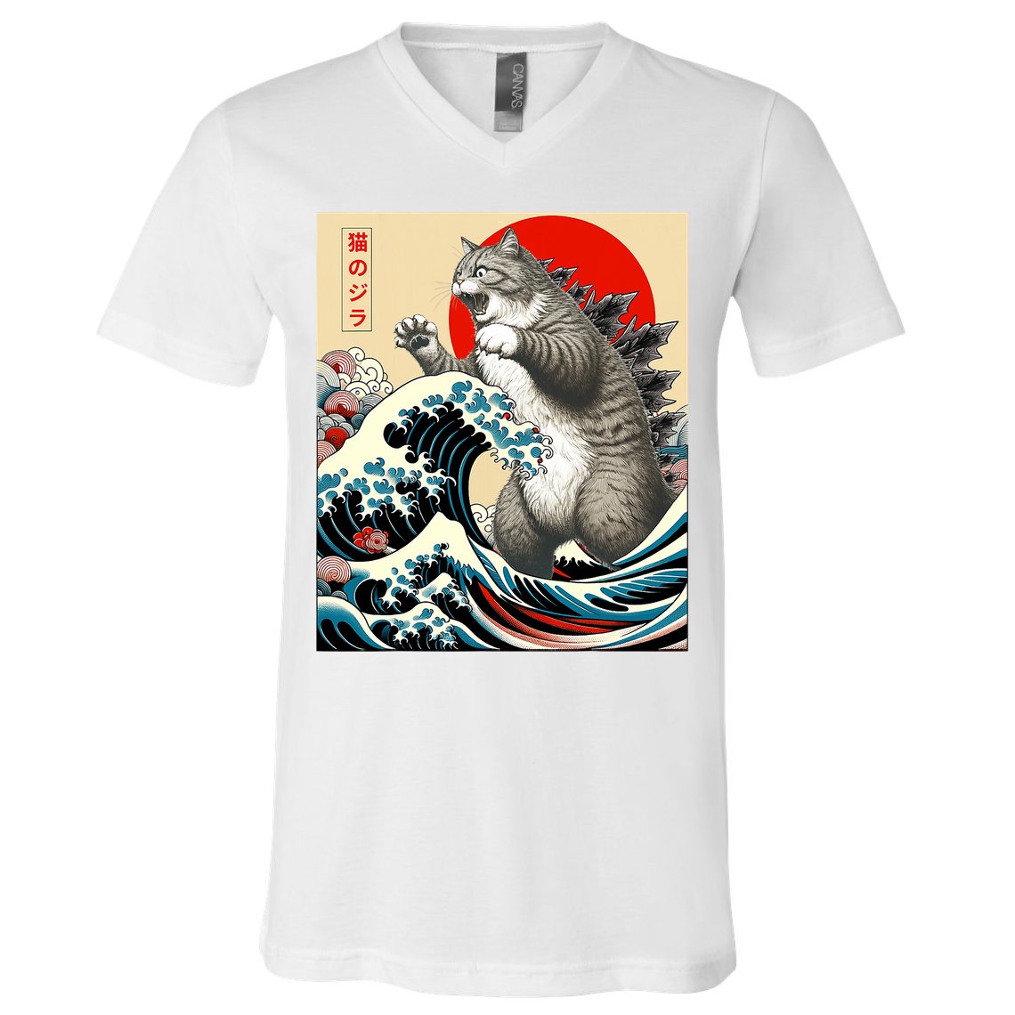 Catzilla Cat Japanese Art Funny Cat Gifts V-Neck T-Shirt