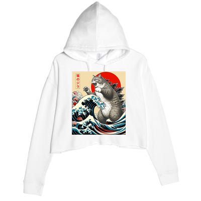 Catzilla Cat Japanese Art Funny Cat Gifts Crop Fleece Hoodie