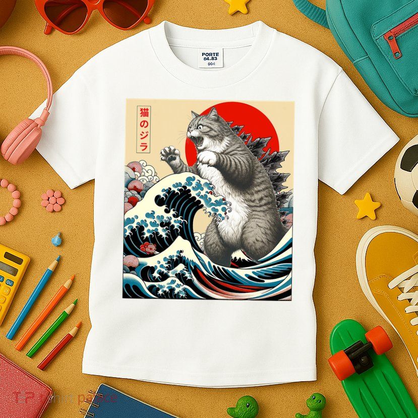 Catzilla Cat Japanese Art Funny Cat Gifts Kids T-Shirt