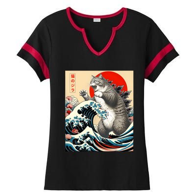 Catzilla Cat Japanese Art Funny Cat Gifts Ladies Halftime Notch Neck Tee