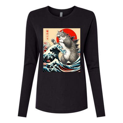 Catzilla Cat Japanese Art Funny Cat Gifts Womens Cotton Relaxed Long Sleeve T-Shirt