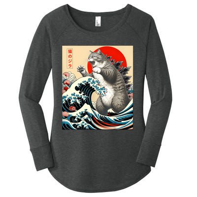 Catzilla Cat Japanese Art Funny Cat Gifts Women's Perfect Tri Tunic Long Sleeve Shirt