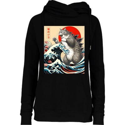 Catzilla Cat Japanese Art Funny Cat Gifts Womens Funnel Neck Pullover Hood