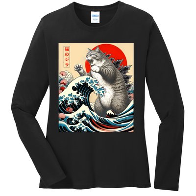 Catzilla Cat Japanese Art Funny Cat Gifts Ladies Long Sleeve Shirt