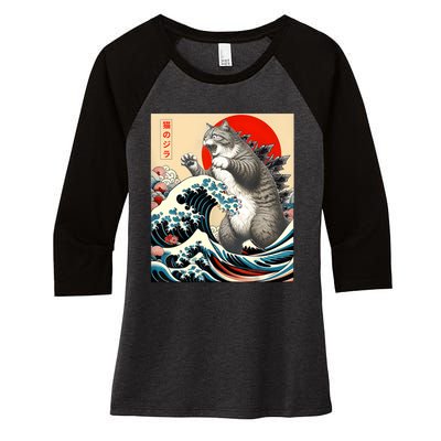 Catzilla Cat Japanese Art Funny Cat Gifts Women's Tri-Blend 3/4-Sleeve Raglan Shirt