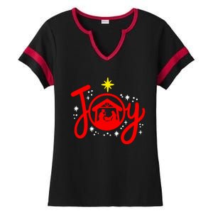 Christian Christmas Joy Jesus Nativity Scene Faith Family Ladies Halftime Notch Neck Tee