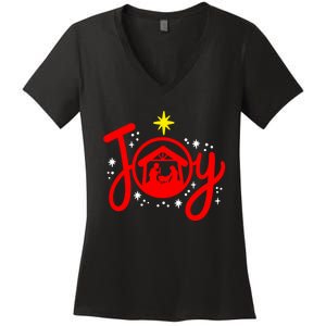 Christian Christmas Joy Jesus Nativity Scene Faith Family Women's V-Neck T-Shirt