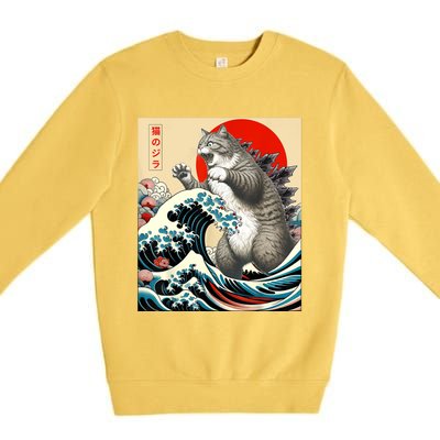 Catzilla Cat Japanese Art Funny Cat Gifts For Women Premium Crewneck Sweatshirt