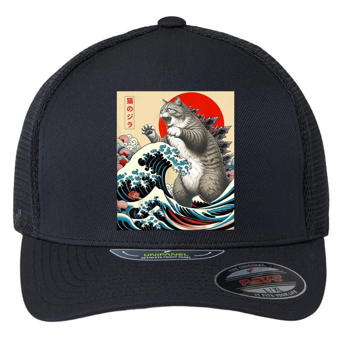 Catzilla Cat Japanese Art Funny Cat Gifts For Women Flexfit Unipanel Trucker Cap