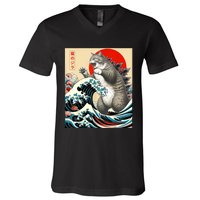 Catzilla Cat Japanese Art Funny Cat Gifts For Women V-Neck T-Shirt