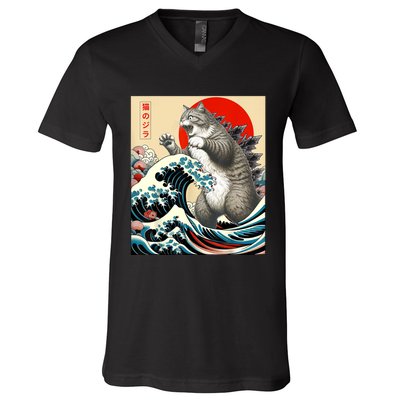 Catzilla Cat Japanese Art Funny Cat Gifts For Women V-Neck T-Shirt