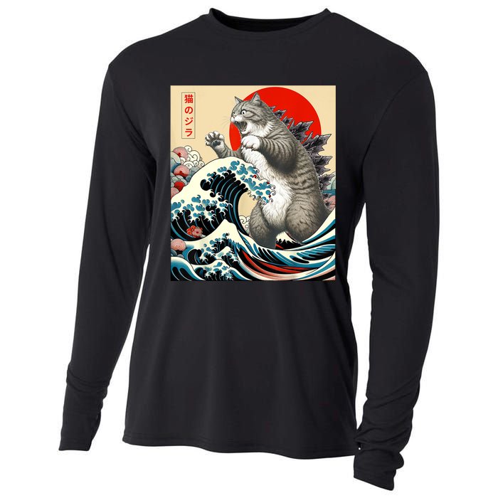 Catzilla Cat Japanese Art Funny Cat Gifts For Women Cooling Performance Long Sleeve Crew