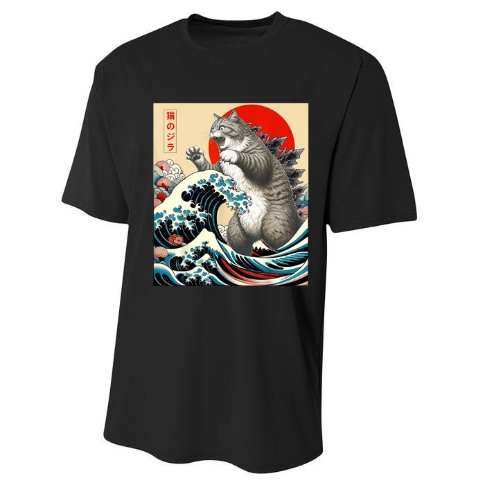 Catzilla Cat Japanese Art Funny Cat Gifts For Women Performance Sprint T-Shirt