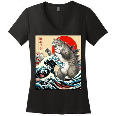 Catzilla Cat Japanese Art Funny Cat Gifts For Women Women's V-Neck T-Shirt