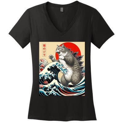 Catzilla Cat Japanese Art Funny Cat Gifts For Women Women's V-Neck T-Shirt