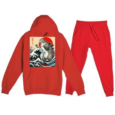 Catzilla Cat Japanese Art Funny Cat Gifts For Women Premium Hooded Sweatsuit Set