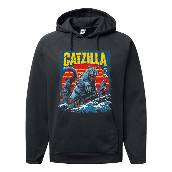 Catzilla Cat Japanese Art Funny Cat Performance Fleece Hoodie