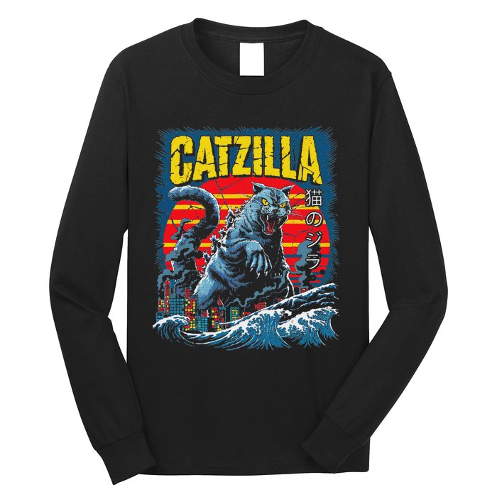 Catzilla Cat Japanese Art Funny Cat Long Sleeve Shirt