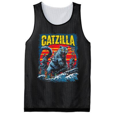 Catzilla Cat Japanese Art Funny Cat Mesh Reversible Basketball Jersey Tank